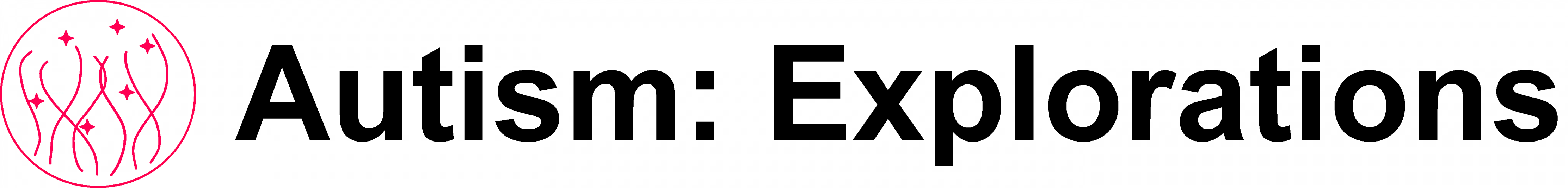 Brief description: "Autism: Explorations" / Longer description: The website’s logo and title. On the left, a pink outlined circle contains wavy vertical line streaks and four-pointed stars, both also pink. On the right, the text reads “Autism: Explorations” in black, bold, and Arial font.